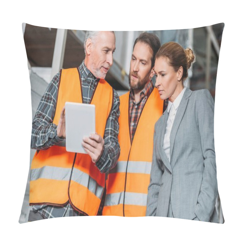 Personality  Workers And Inspector Using Digital Tablet In Storehouse Pillow Covers