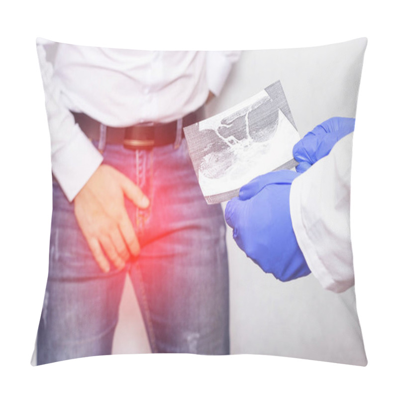 Personality  Doctor Urologist Holds A Picture Of The Patients Ultrasound Whose Epididymal Cyst, Orchitis, Inflammation Pillow Covers