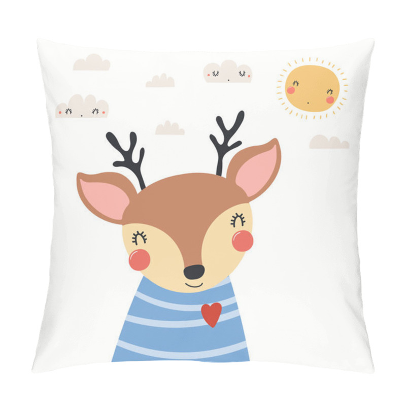 Personality  Hand Drawn Portrait Of Cute Deer In Striped Shirt With Sun And Clouds. Scandinavian Style Flat Design. Concept For Children Print. Pillow Covers