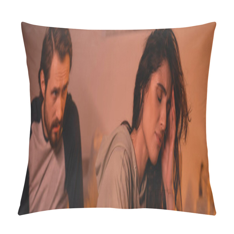 Personality  Displeased Woman Sitting Near Blurred Boyfriend Talking At Home In Evening, Banner  Pillow Covers