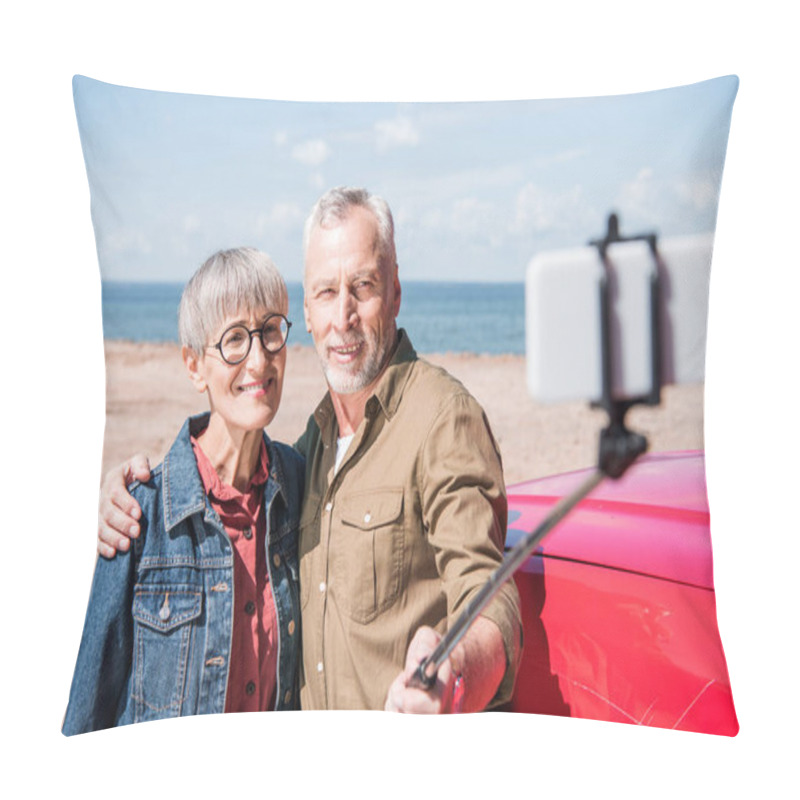 Personality  Smiling Senior Couple Embracing And Taking Selfie In Sunny Day Pillow Covers