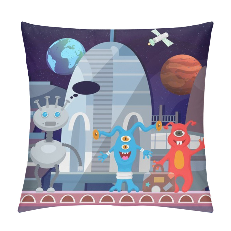 Personality  Aliens Cartoon Happy Monsters At Cosmoport Spaceship Vector Illustration. Cute Monstrous Welcoming Funny Characters Kids Halloween Card Poster Design. Pillow Covers