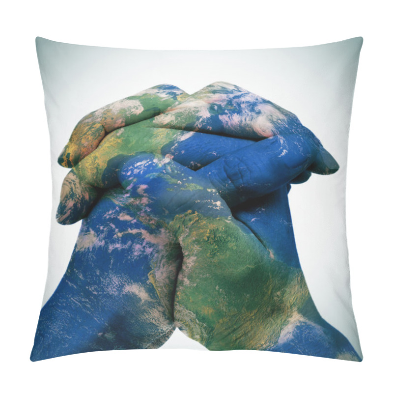 Personality  World Map In The Clasped Hands Of A Man (Earth Map Furnished By  Pillow Covers