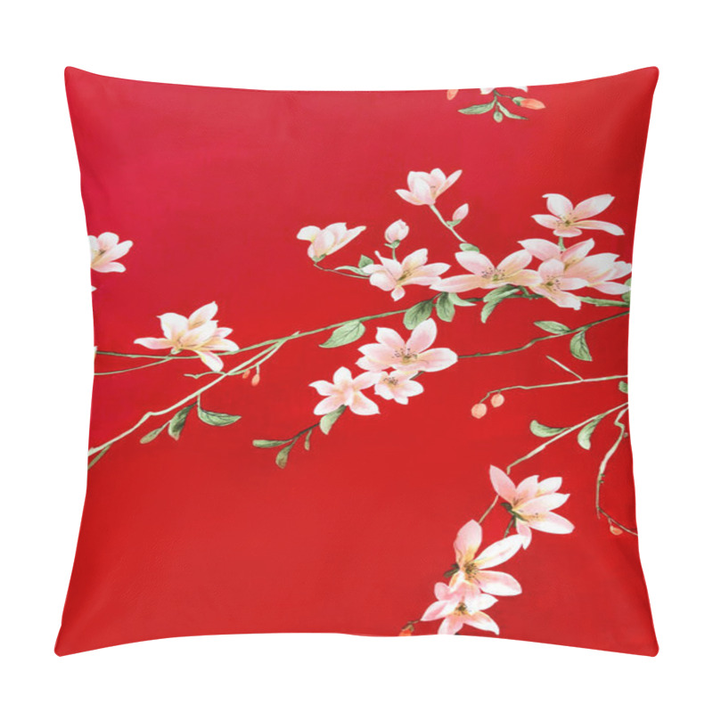 Personality  Close Up Of Pink Sakura Cherry Blossom Flower Tree With Its Leaves, Printed On A Bright Red Fabric Background. Suitable For Chinese Traditional Clothes. Seamless Background Texture. Pillow Covers