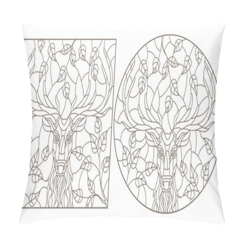 Personality  Set Of Contour Illustrations In Stained Glass Style With Portraits Of Deers, Dark Contours On A White Background Pillow Covers