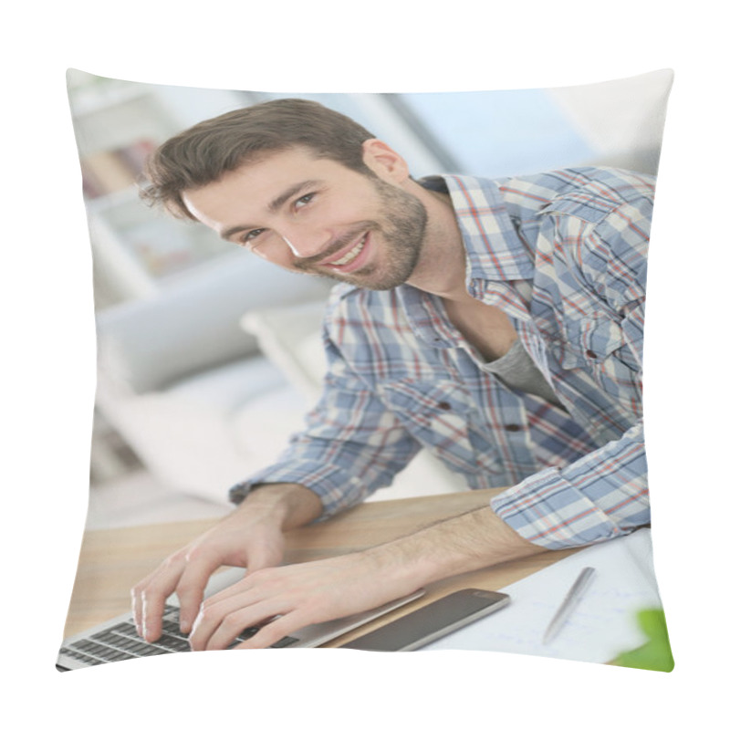 Personality  Businessman At Home Working On Laptop Pillow Covers