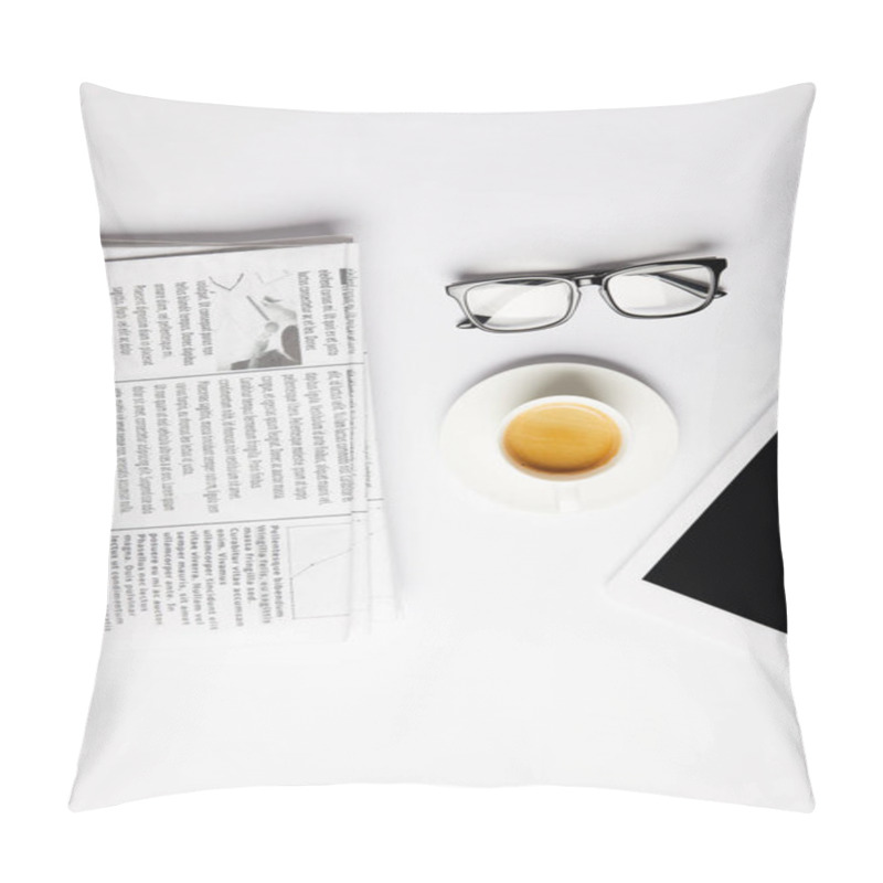 Personality  Flat Lay With Eyeglasses, Coffee, Digital Tablet And Newspapers, On White Pillow Covers