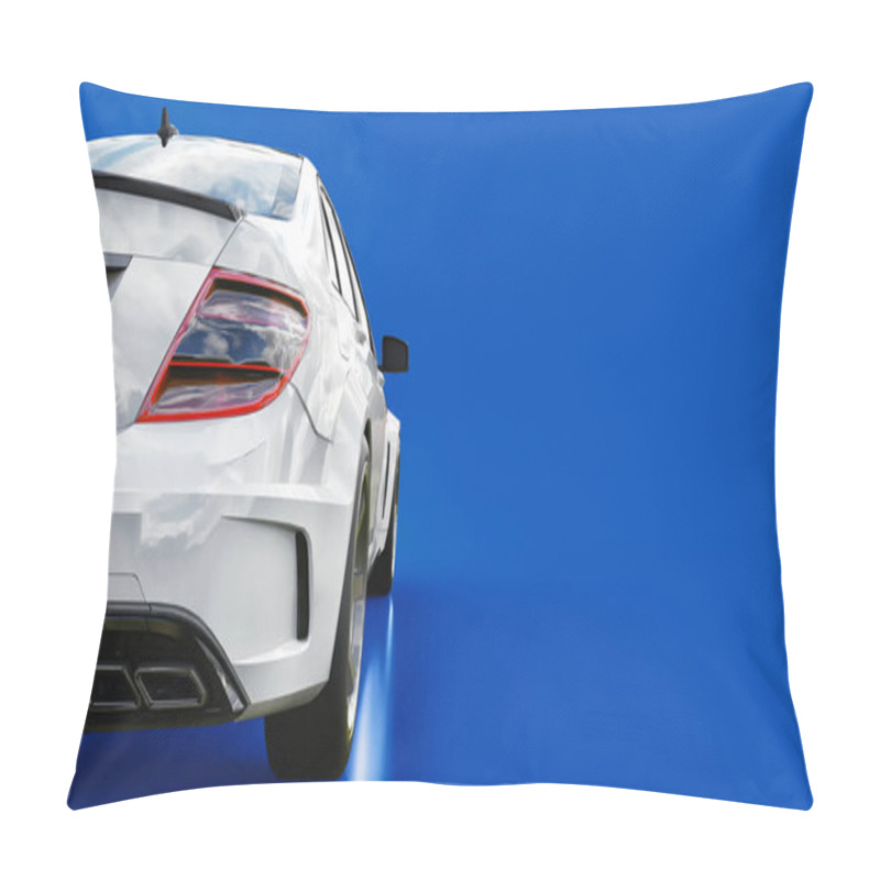 Personality  Super Fast White Sports Car On A Blue Background. Body Shape Sedan. Tuning Is A Version Of An Ordinary Family Car. 3d Rendering Pillow Covers