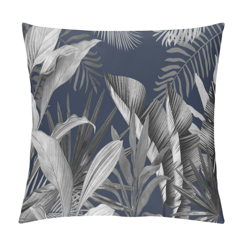 Personality  Mural For The Walls. Photo Wallpapers For The Room. Tropical Leaves On A Blu Background In The Grunge Style. Pillow Covers