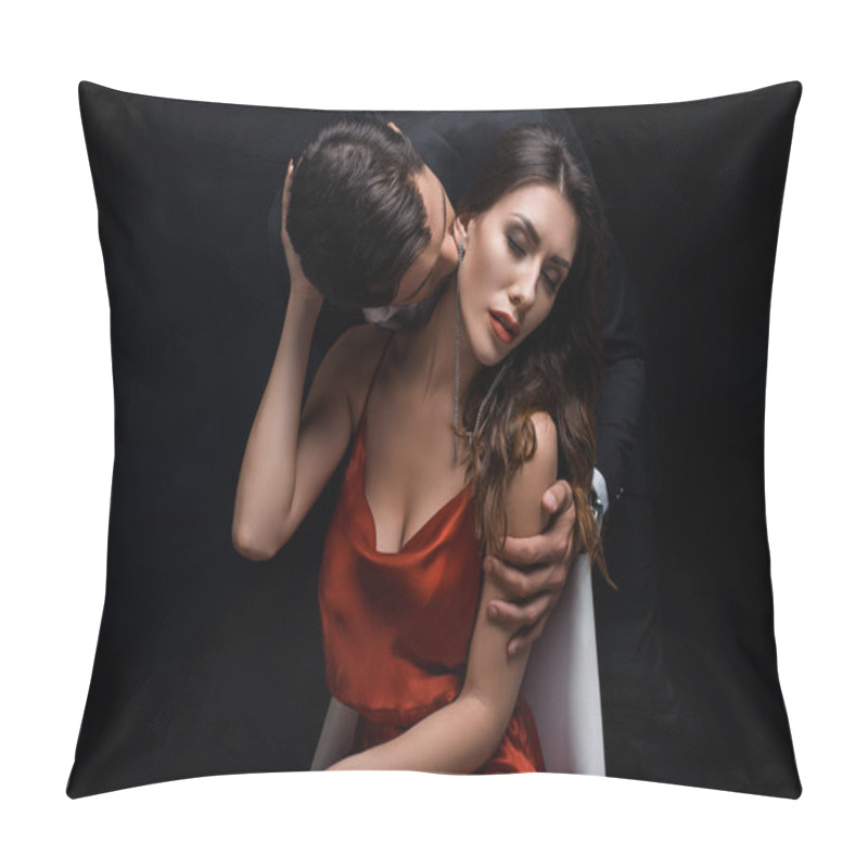 Personality  Elegant Man Kissing Beautiful Woman In Red Dress Isolated On Black Pillow Covers