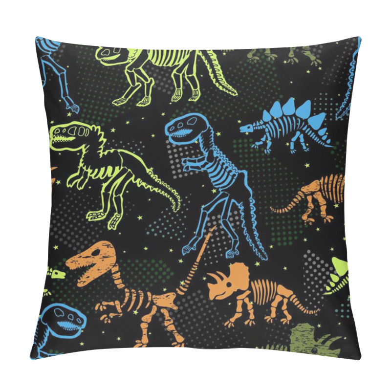 Personality  Dinosaur Skeleton. Vector Seamless Pattern. Original Design With Dinosaur Bones. Black Background With Dots. Desing For Textile, Clothes. Pillow Covers