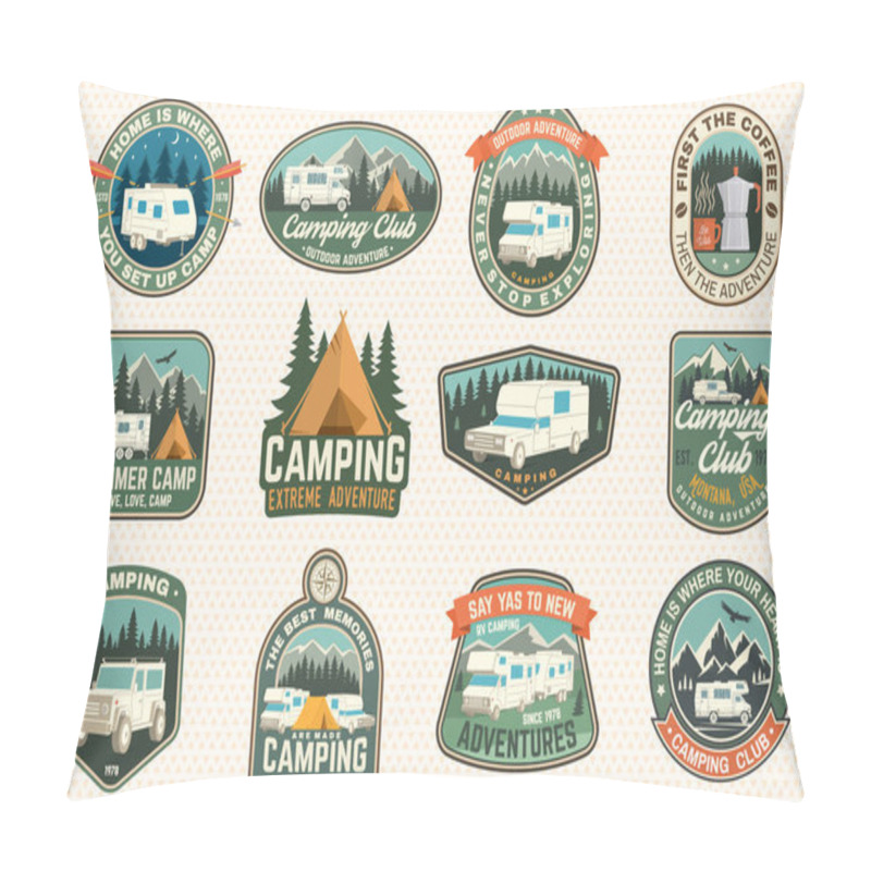 Personality  Set Of Rv Camping Badges, Patches. Vector. Concept For Shirt Or Logo, Print, Stamp Or Tee. Vintage Typography Design With RV Motorhome, Camping Trailer And Off-road Car Silhouette. Pillow Covers