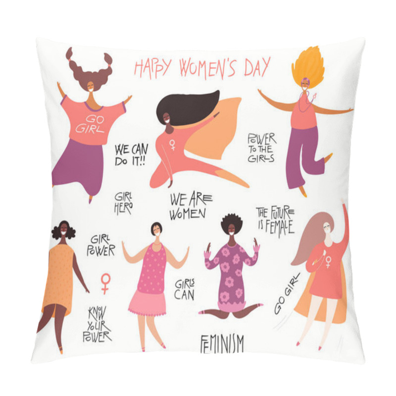 Personality  Set Of Diverse Women With Quotes About Girl Power, Hand Drawn Vector Illustration, Concept For Feminism And Women Day  Pillow Covers