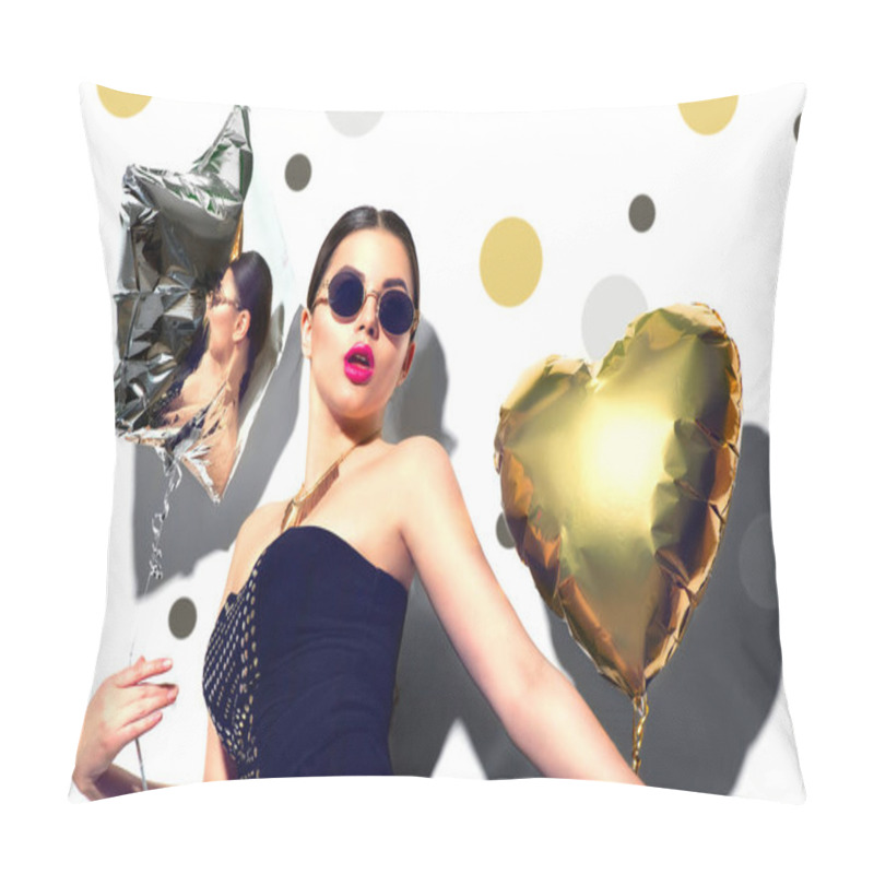 Personality  Fashion Model Girl With Metallic Heart And Star Shaped Balloons On White Background Pillow Covers