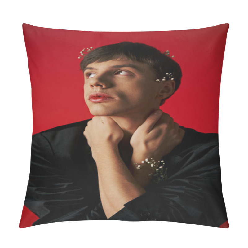 Personality  Dreamy Young Man In Velvet Blazer With Flowers In Hair Looking Up And Touching Neck On Red Backdrop Pillow Covers