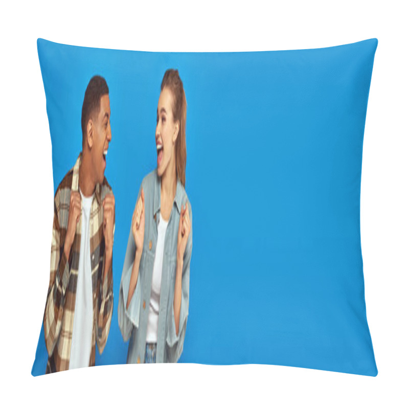 Personality  Happy Interracial Couple Screaming From Joy Looking At Each Other On Blue Backdrop, Banner Pillow Covers