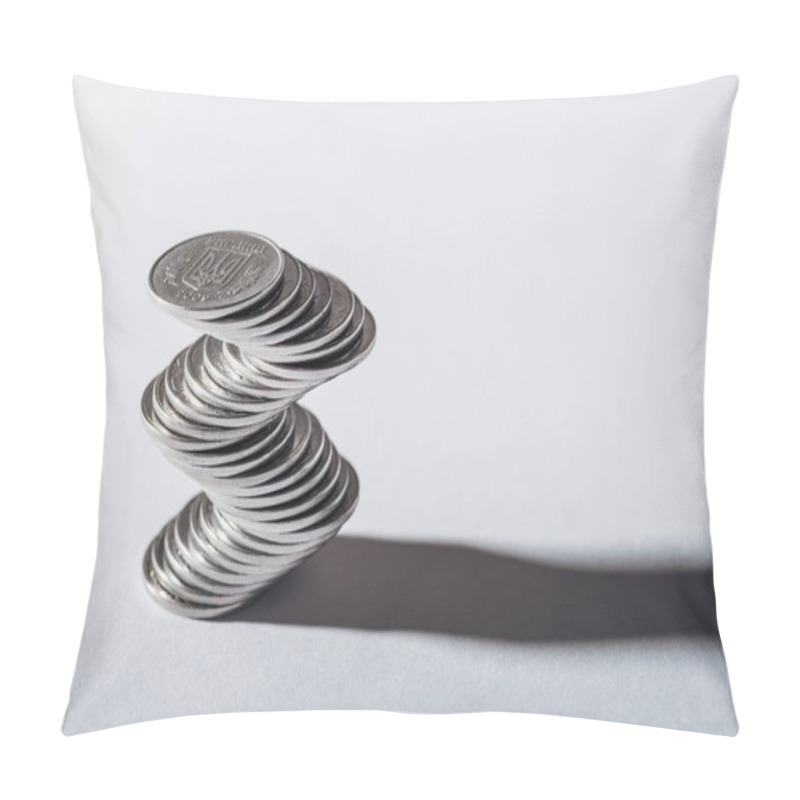 Personality  Stack Of Ukrainian Silver Coins And Shadow On Grey Background Pillow Covers