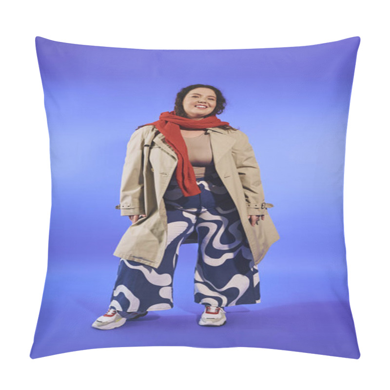 Personality  Standing Confidently, A Plus Size Woman Pairs Stylish Wide Leg Pants With A Chic Trench Coat. Pillow Covers