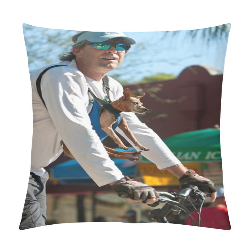 Personality  Man Rides Bike With Small Dog Strapped To Chest Pillow Covers