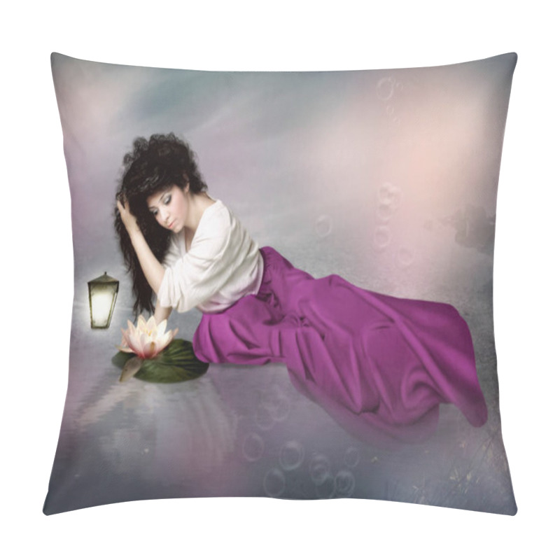 Personality  Young Girl And Water Lily Pillow Covers