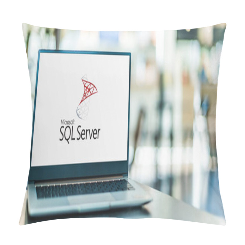 Personality  POZNAN, POL - SEP 23, 2020: Laptop Computer Displaying Logo Of Microsoft SQL Server, A Relational Database Management System Developed By Microsoft Pillow Covers