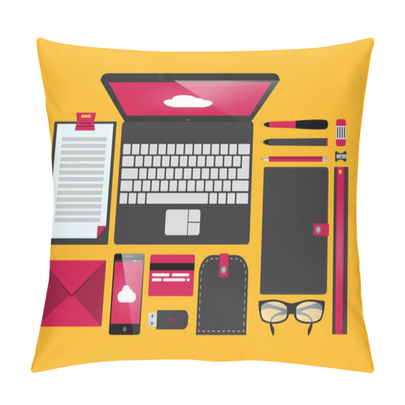 Personality  Office Desk Equipment And Workspace Concept With Flat Modern Design Pillow Covers