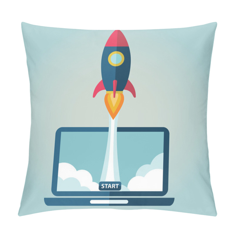 Personality  Flat Rocket Flying From Laptop . Start Up Concept. Project Development. Pillow Covers