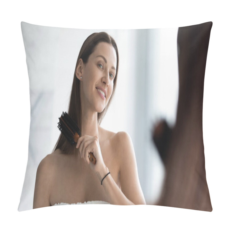 Personality  Smiling Beautiful Woman Brushing Hair, Looking In Mirror In Bathroom Pillow Covers