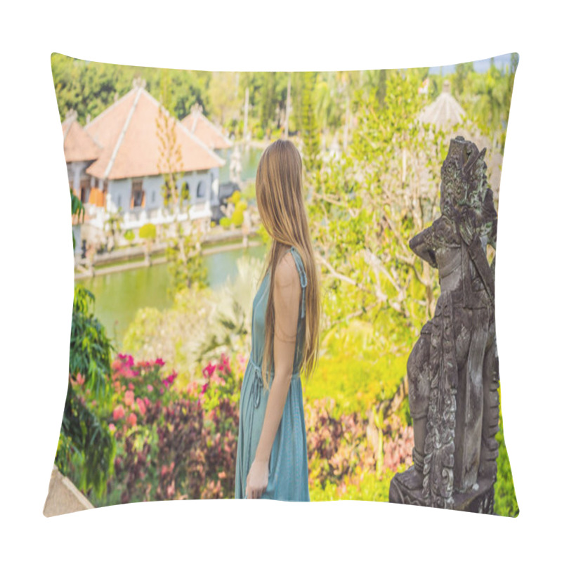 Personality  Young Woman In Dress In Water Palace Soekasada Taman Ujung Ruins On Bali Island In Indonesia. Amazing Old Architecture. Travel And Holidays Background Pillow Covers