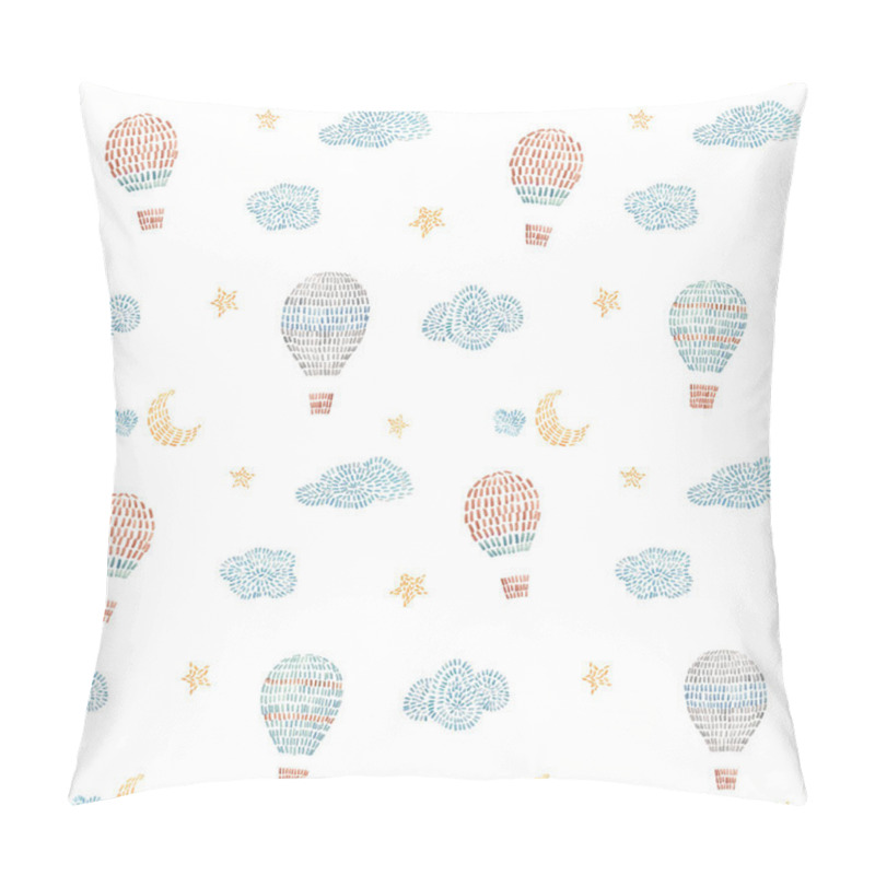 Personality  Watercolor Seamless Pattern With Air Baloons, Sky, Clouds, Stars, In Cute Baby Stitch Embroidery Style. Ready Print For Wallpapers In Childroom. Pillow Covers