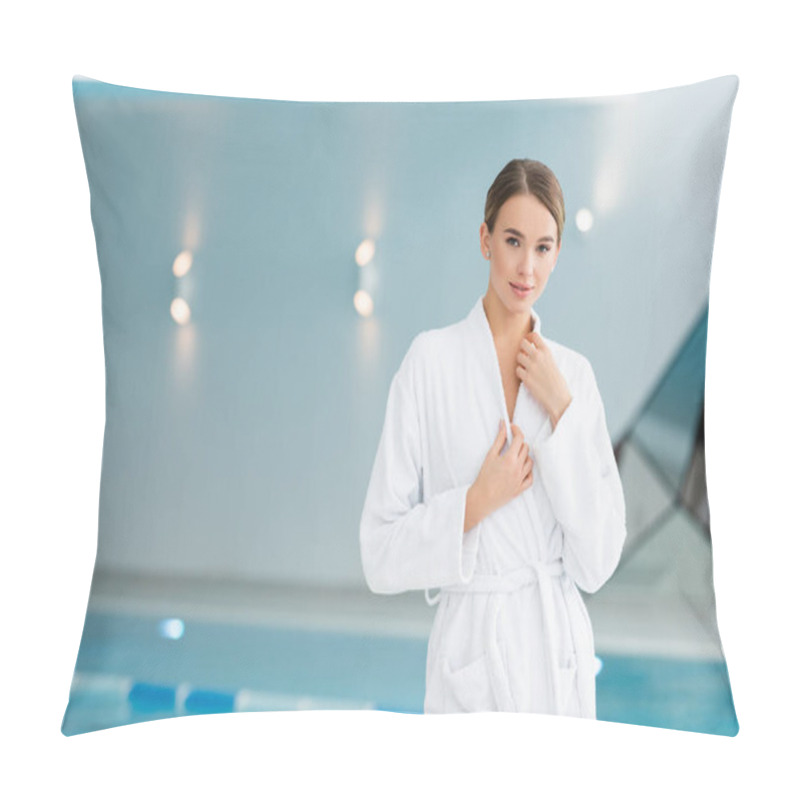 Personality  Pretty Young Woman Adjusting Bathrobe In Spa Center  Pillow Covers