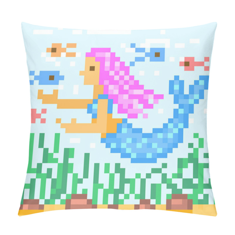 Personality  Little Mermaid With Pink Hair Swimming With Fishes Underwater, Pixel Art Character. Magic Water Nymph, Cartoon Fantasy Girl. Old School 8 Bit Slot Machine Pictogram. Retro 80s; 90s Video Game Graphics Pillow Covers