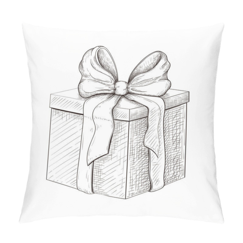 Personality  Vintage Gift Box Hand Drawn. Engraved Present Illustration Isolated On White Background. Present Box Icon With Lush Bow And Ribbon. Wrapped Gift Sketch. Vector Monochrome Line Art. Silhouette Of Box Pillow Covers