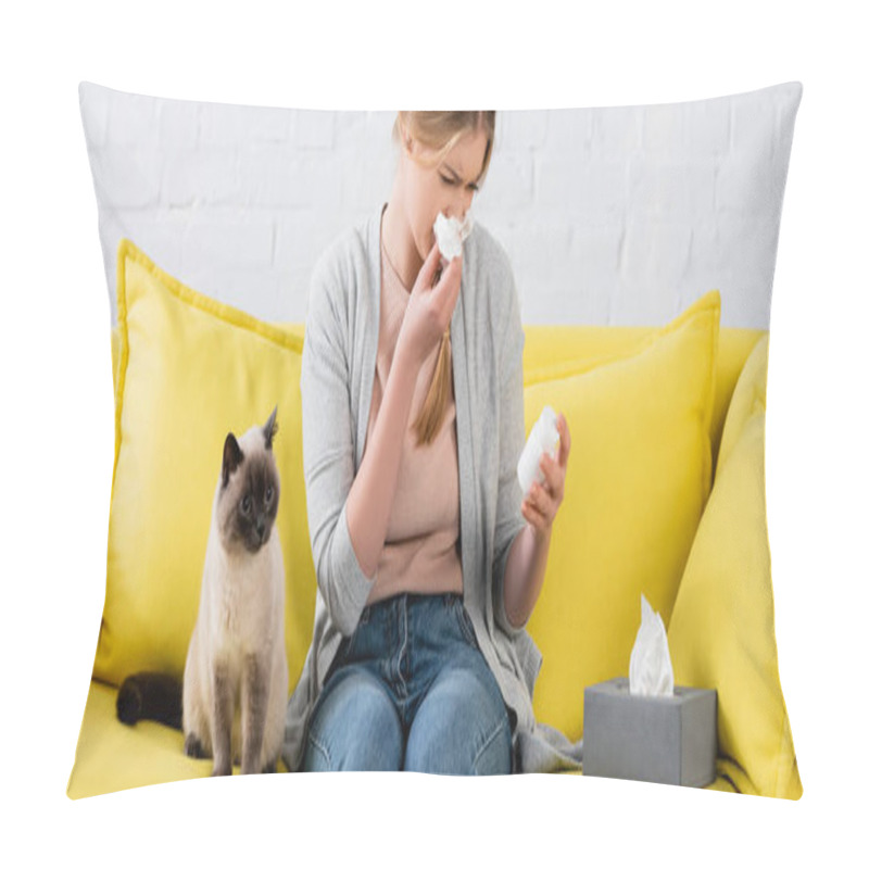 Personality  Woman Holding Pills And Napkin During Allergy Near Siamese Cat On Sofa, Banner  Pillow Covers