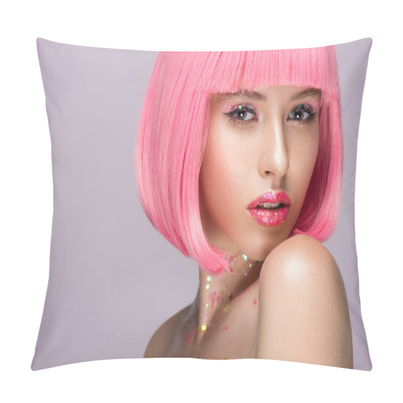 Personality  Attractive Woman Posing With Pink Hair And Glitter On Face Isolated On Violet Pillow Covers