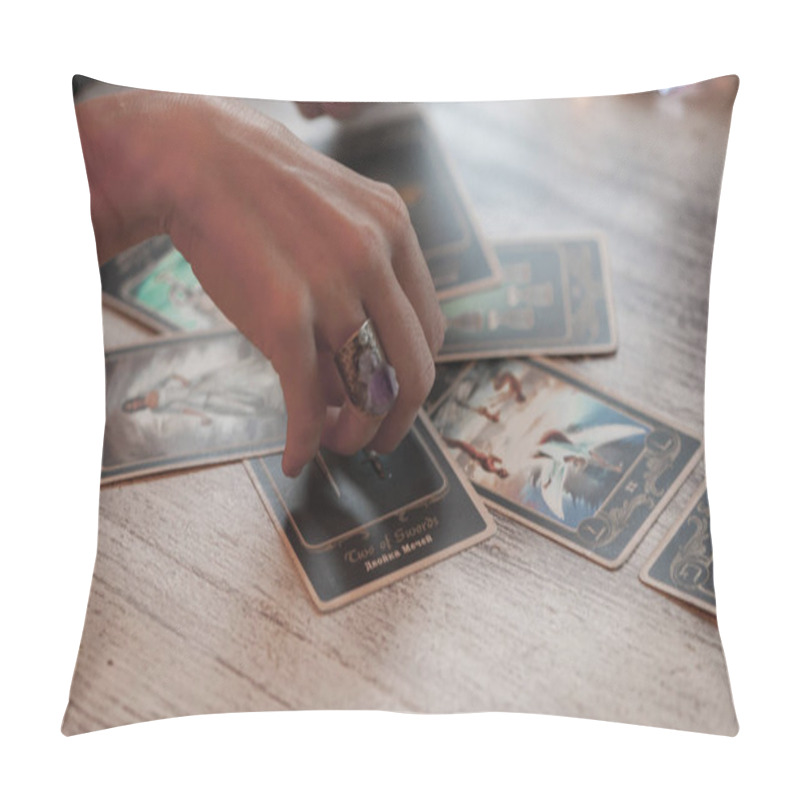 Personality  Woman Is Reading Tarot Cards On The Table In Cafe Pillow Covers