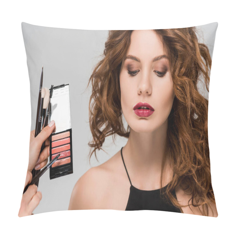 Personality  Cropped View Of Makeup Artist Holding Lip Gloss Near Beautiful Woman Isolated On Grey  Pillow Covers