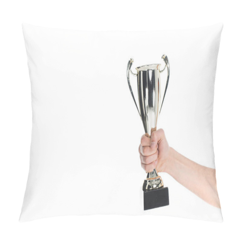 Personality  Close Up View Of Silver Trophy In Hand Of Sportsman Isolated On White Pillow Covers