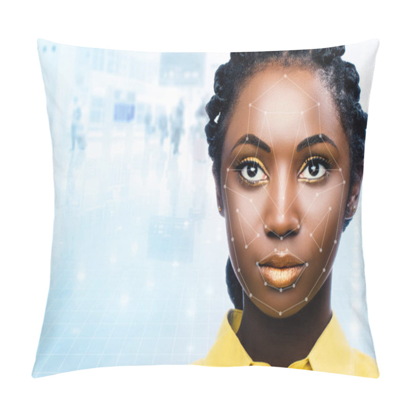 Personality  Portrait Of Attractive African Woman With Facial Recognition Technology On Airport Background Pillow Covers