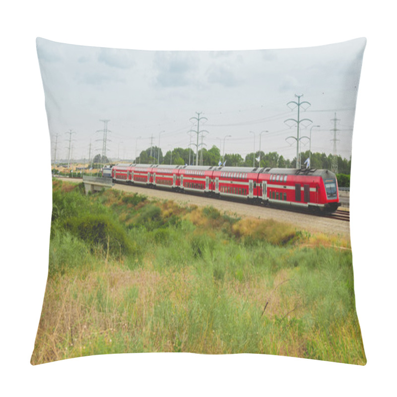 Personality  Red Israeli Passenger Train In Motion Out Of The City Near Highway 4 Pillow Covers