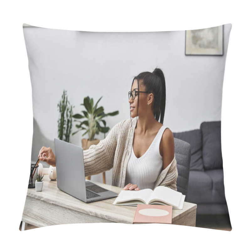 Personality  A Young Woman Sits At Her Desk Studying With Enthusiasm Amidst A Serene Home Setting. Pillow Covers