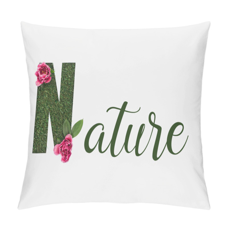 Personality  Top View Of Green Nature Lettering With Leaves And Pink Peonies Isolated On White Pillow Covers