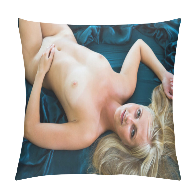 Personality  Blonde Woman With Seductive Pose In Bed Pillow Covers