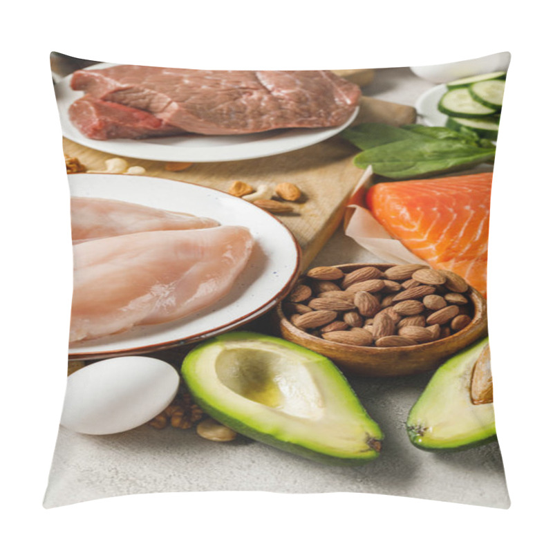 Personality  Fresh Raw Salmon, Chicken Breasts And Meat Near Nuts And Avocado, Ketogenic Diet Menu Pillow Covers