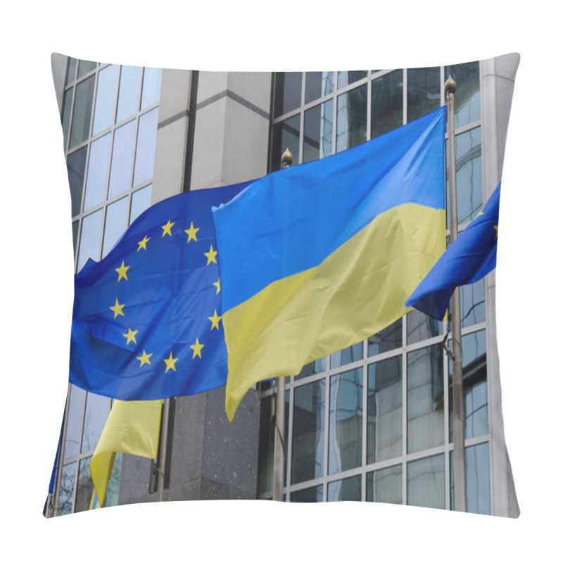 Personality  Flags Of Ukraine And EU Fly In Front Of The EU Parliament Building On The First Anniversary Of The Russian Invasion, In Brussels, Belgium February 24, 2023 Pillow Covers