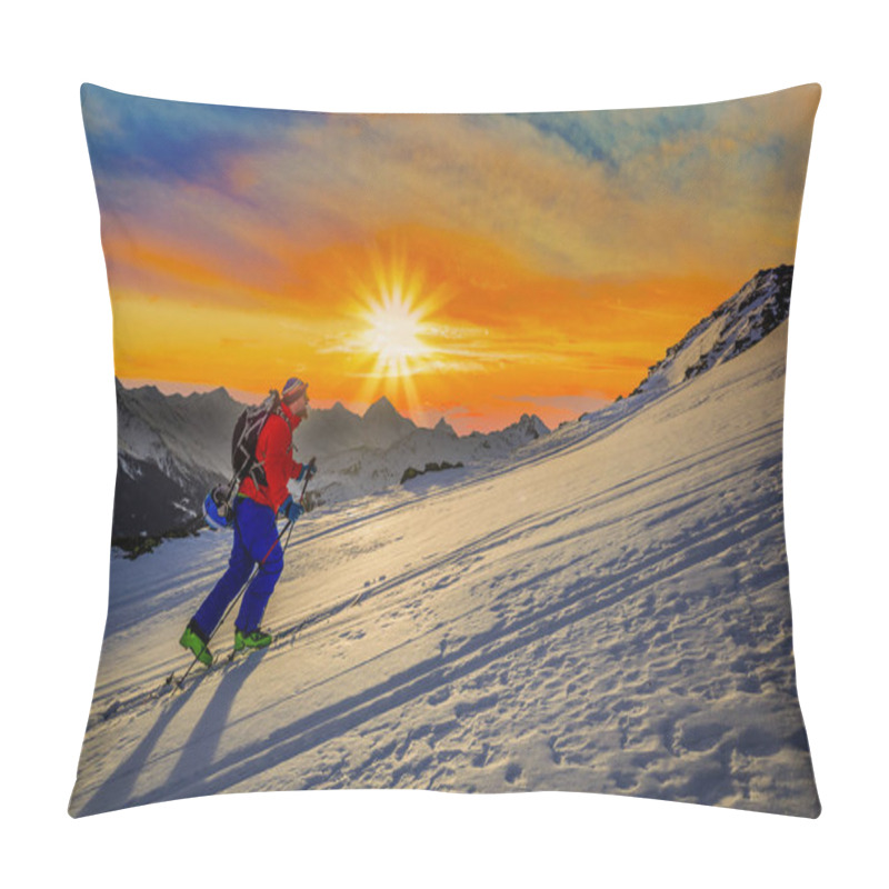 Personality  Mountaineer Backcountry Ski Sunrise Walking Up Along A Snowy Rid Pillow Covers