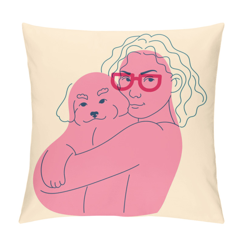 Personality  Girl With Dog. Avatar, Badge, Poster, Logo Templates, Print. Vector Illustration In Doodle Style With Riso Print Effect Pillow Covers