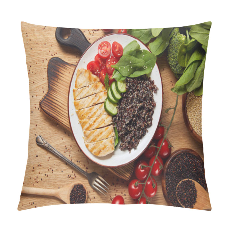 Personality  Top View Of Cooked Quinoa With Grilled Chicken Breast And Vegetables On White Plate On Wooden Chopping Board Pillow Covers