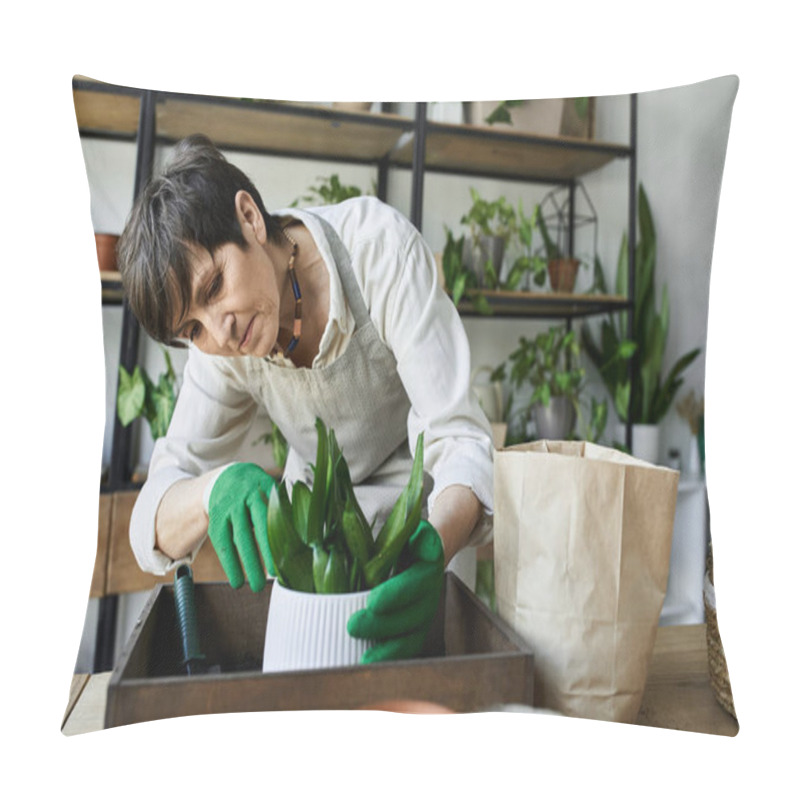 Personality  A Gardener Lovingly Arranges Her Beloved Plants In A Bright Studio. Pillow Covers