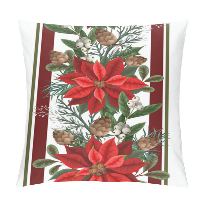 Personality  Border With Poinsettia, Pines And Hollyberries. Christmas Background. Pillow Covers